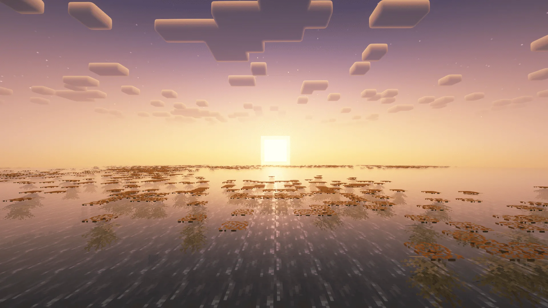 Плавающие островки саргассовых водорослей в теплом океане в Minecraft.