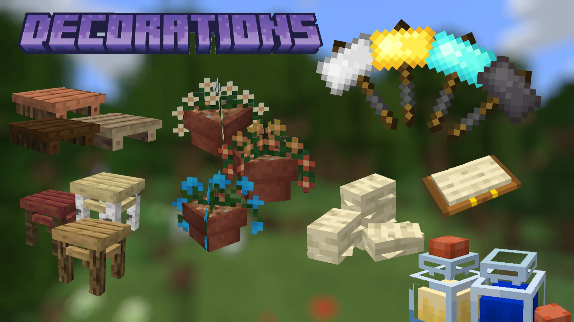 Декоративные предметы из мода Luminous: Overworld, которые можно настраивать с помощью тега Decoration Tag.