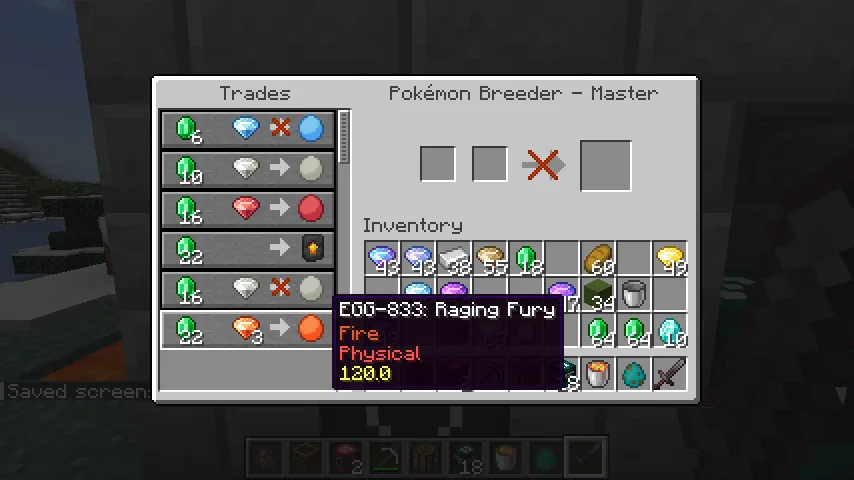 Житель-торговец в Minecraft, предлагающий товары для разведения покемонов в проекте TMCraft.