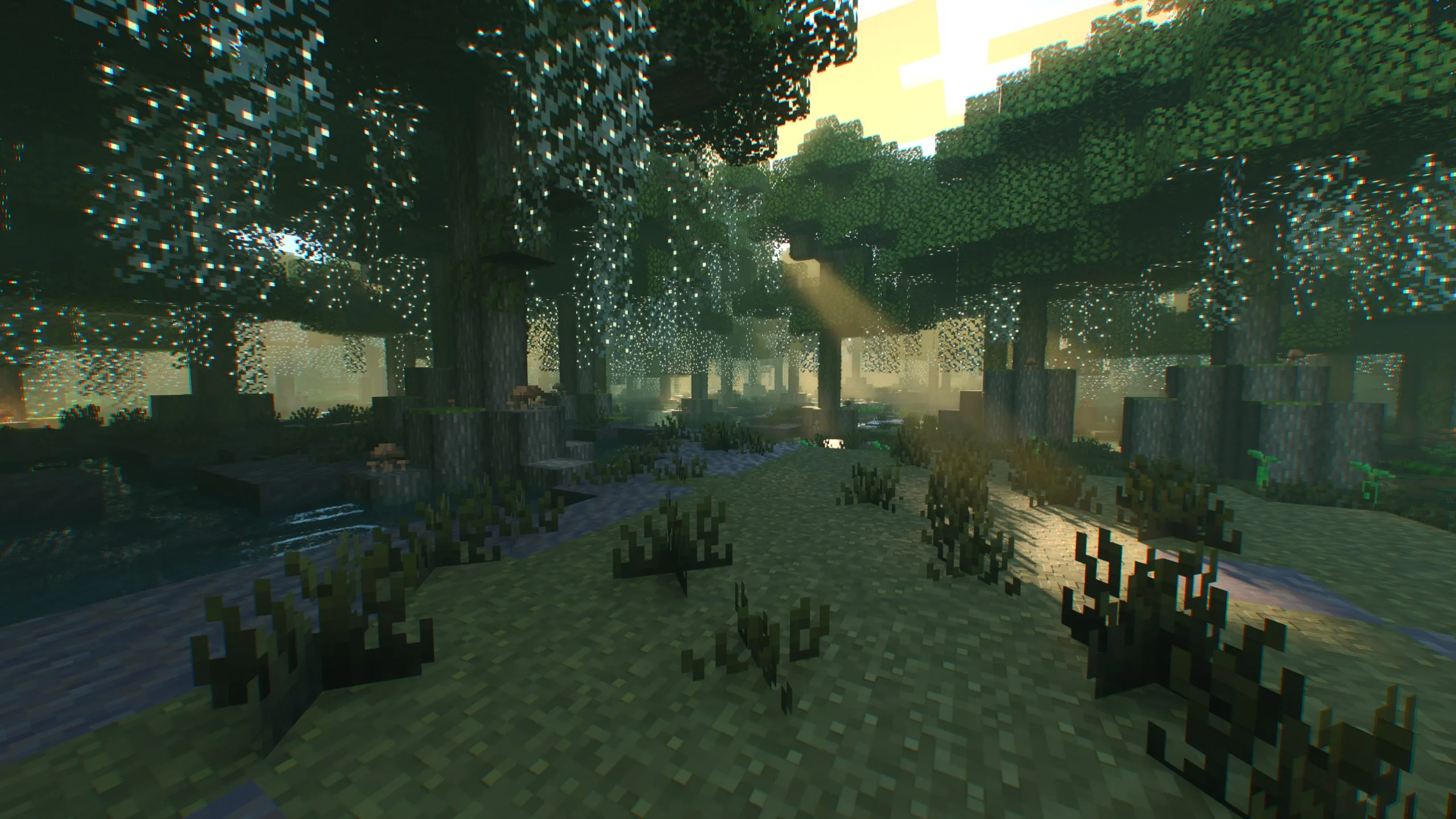 Биом болота в Minecraft с включенным шейдером BetterRTX.