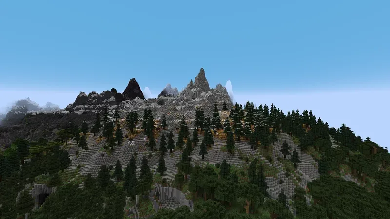 Горный биом с еловым лесом из мода William Wythers' Overhauled Overworld.
