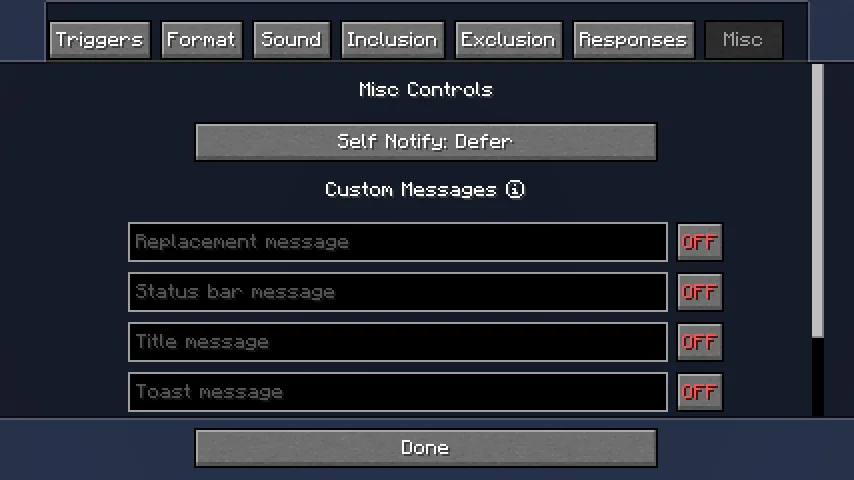 Настройки уведомлений в чате Minecraft.