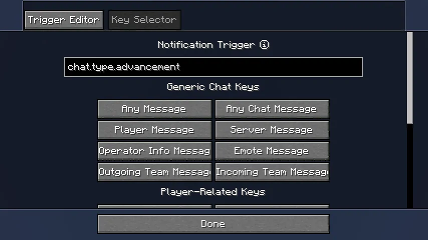 Интерфейс настройки триггеров в моде Chat Notify.