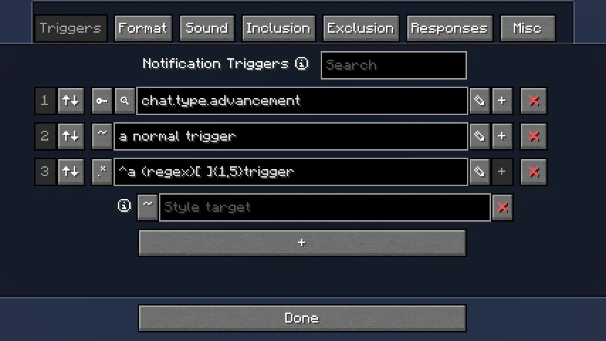 Интерфейс настроек триггеров в плагине Chat Notify.