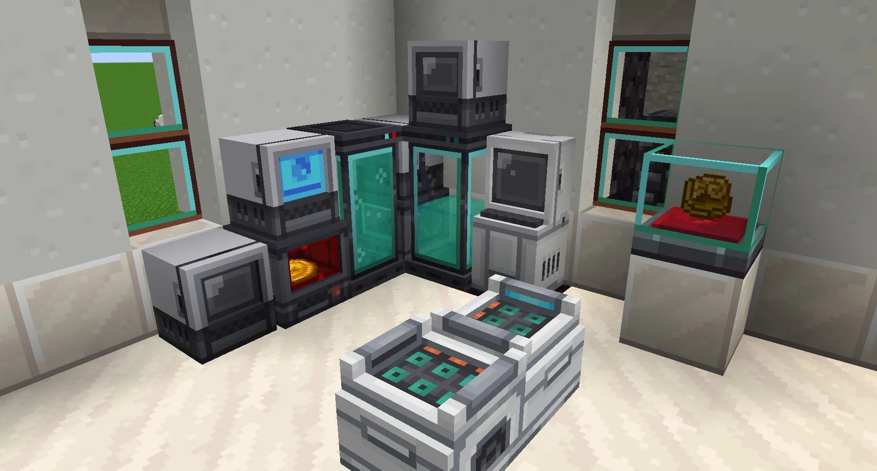 Интерьер PokeLab в проекте Whimscape x Cobblemon с монитором, анализатором окаменелостей, станцией исцеления, аквариумом, ПК и дисплеем.