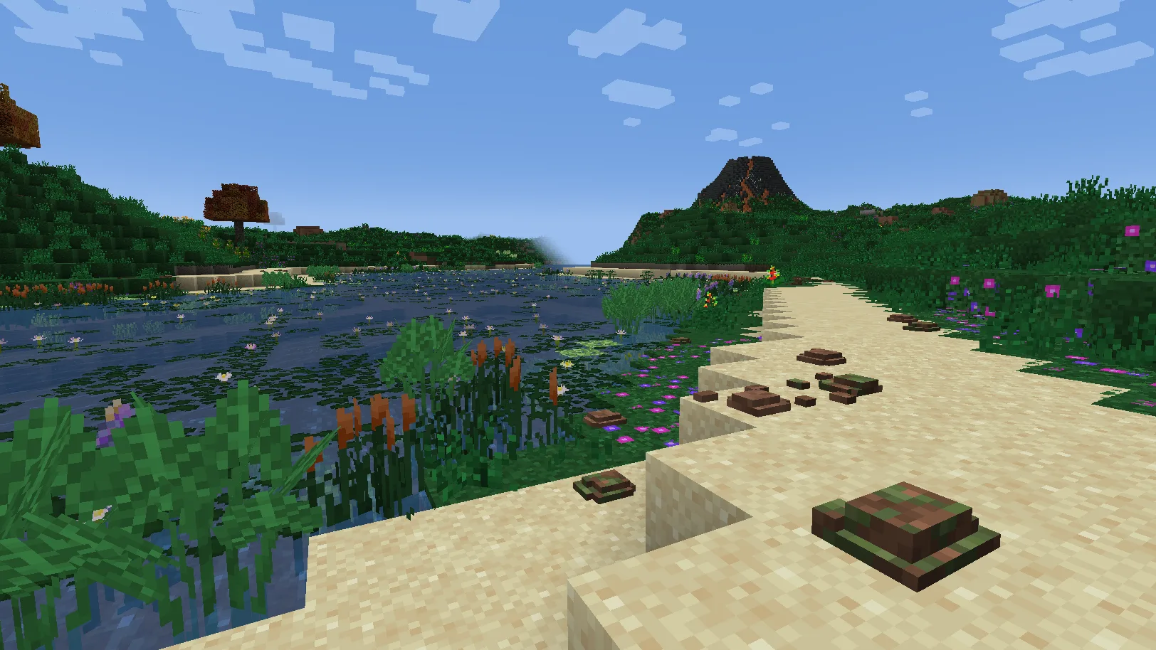 Ландшафт TerraFirmaCraft с вулканами и реками, впадающими в море.