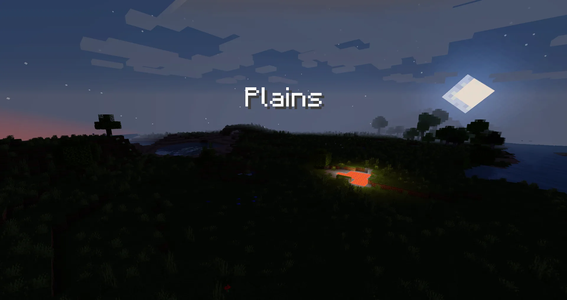 Надпись «Plains» в стиле Minecraft на фоне равнинного биома.