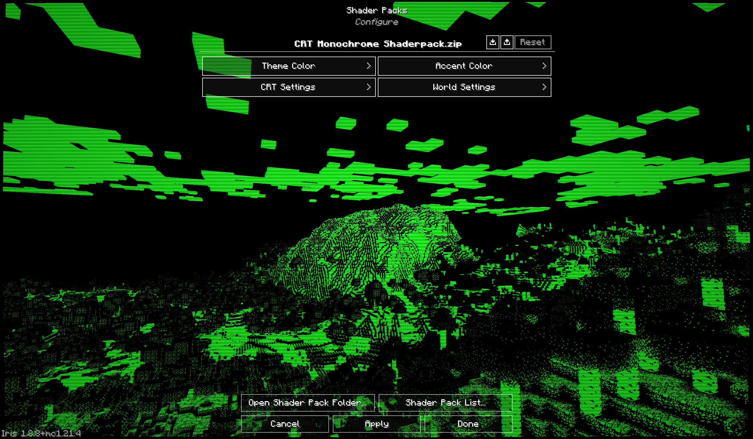 Меню настроек CRT Monochrome Shaderpack.