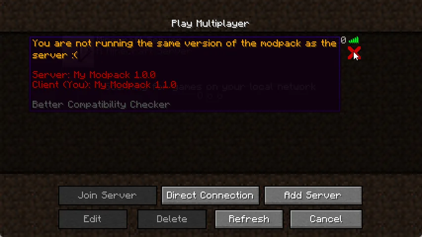Окно мода Better Compatibility Checker с уведомлением о несовпадении версий клиента и сервера.