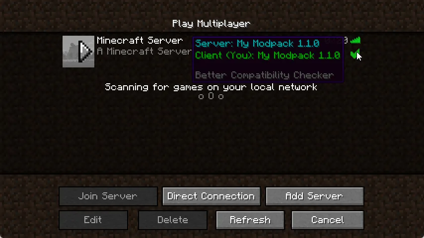 Интерфейс мода Better Compatibility Checker с отображением статуса соответствия версий клиента и сервера.