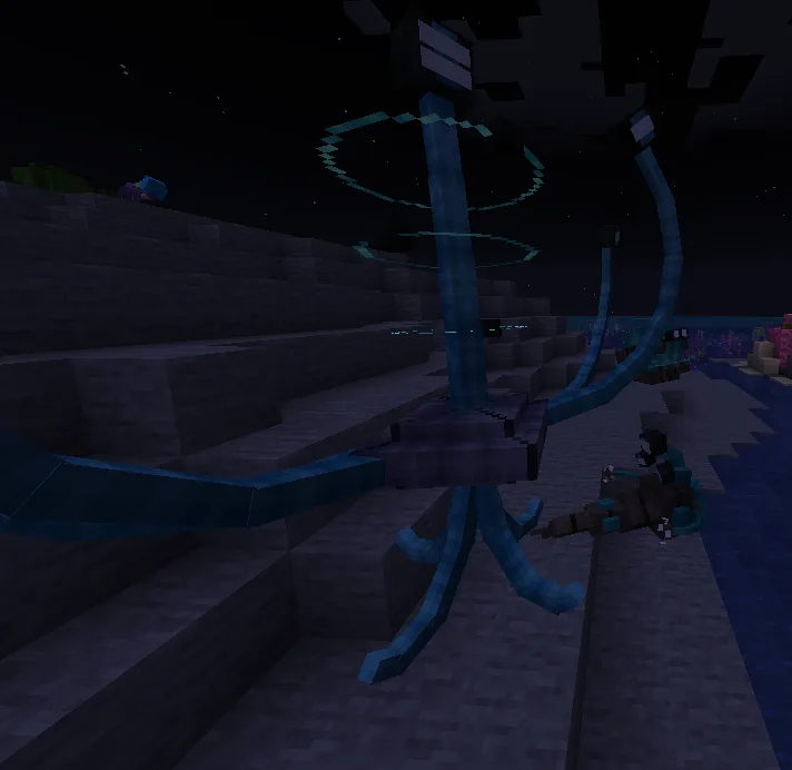 Три покемона из Cobblemon: Moistery, Orbiclad и Xenoster на побережье в полнолуние.