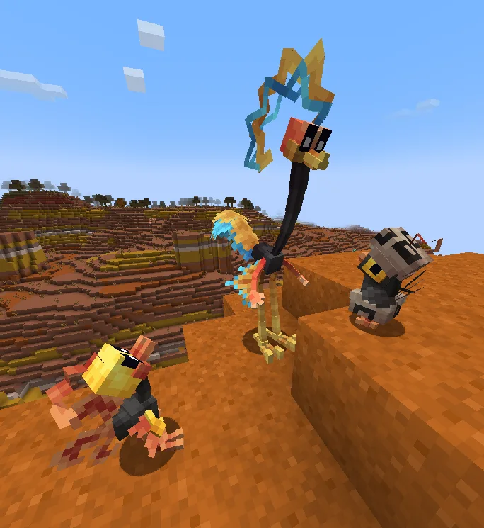 Три факемона из проекта Cobblemon: Эггвард, Волтайт и Острайк.