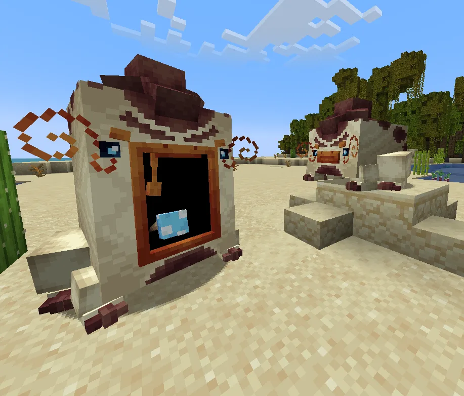 Fungalith, покемон из Cobblemon, замаскированный под гриб на песке.