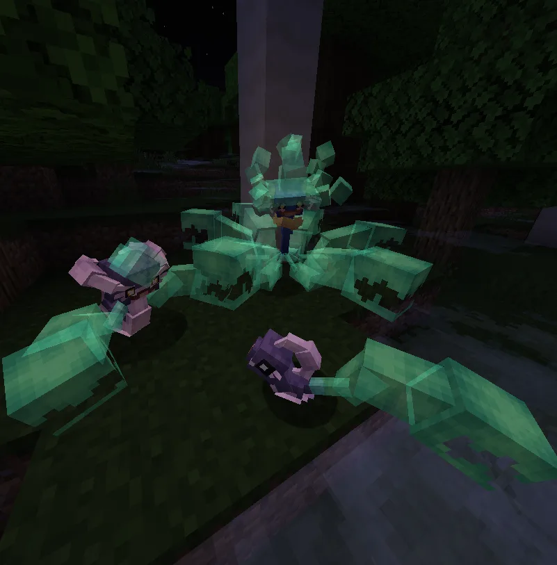 Изображение покемонов Слимара, Хагхула и Эктомансер, управляющих эктоплазмой в лесу.