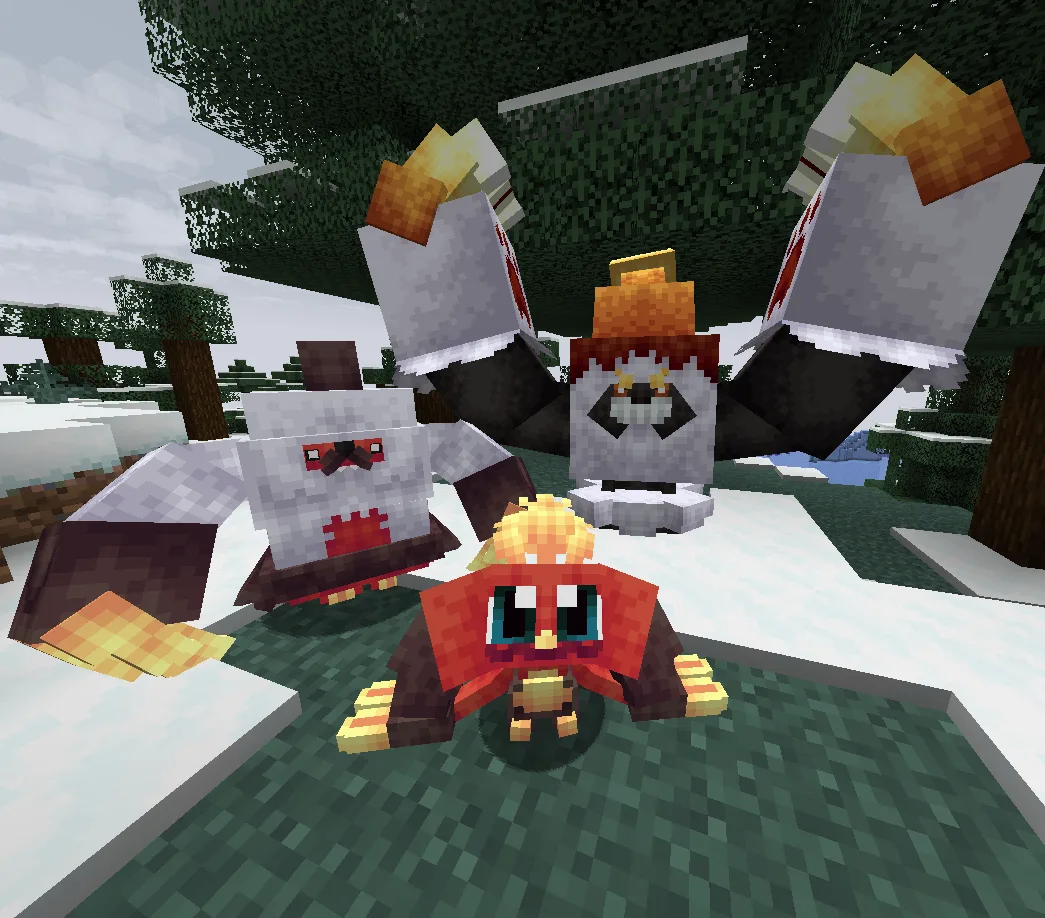 Три покемона-стартовика огненного типа: Infernito, Pillosinge и Slacho из проекта Cobblemon.