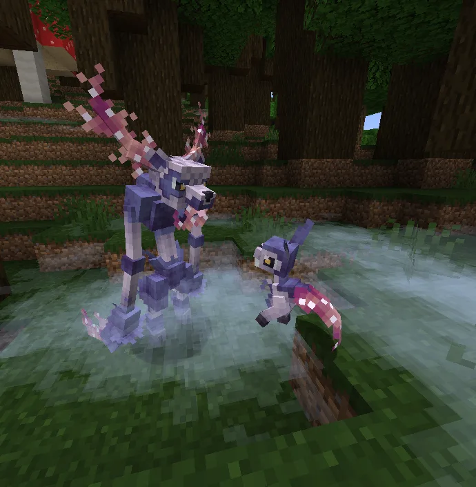 Два покемона Duskarou и Stagrion из мода Cobblemon в ночном лесу.