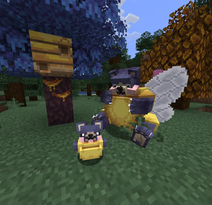 Два покемона Grubbee и Mielador в улье в стиле Minecraft.