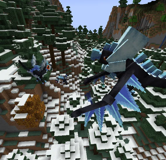 Три покемона Frostnatch, Frivid и Fimbulven из проекта Cobblemon, охраняющие груду блестящих предметов.