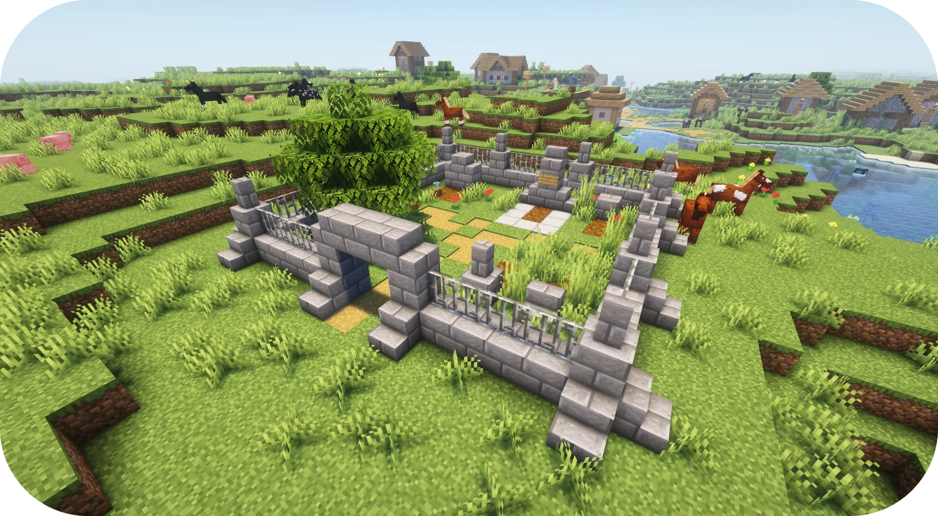 Кладбище рядом с деревенскими домами в Minecraft.