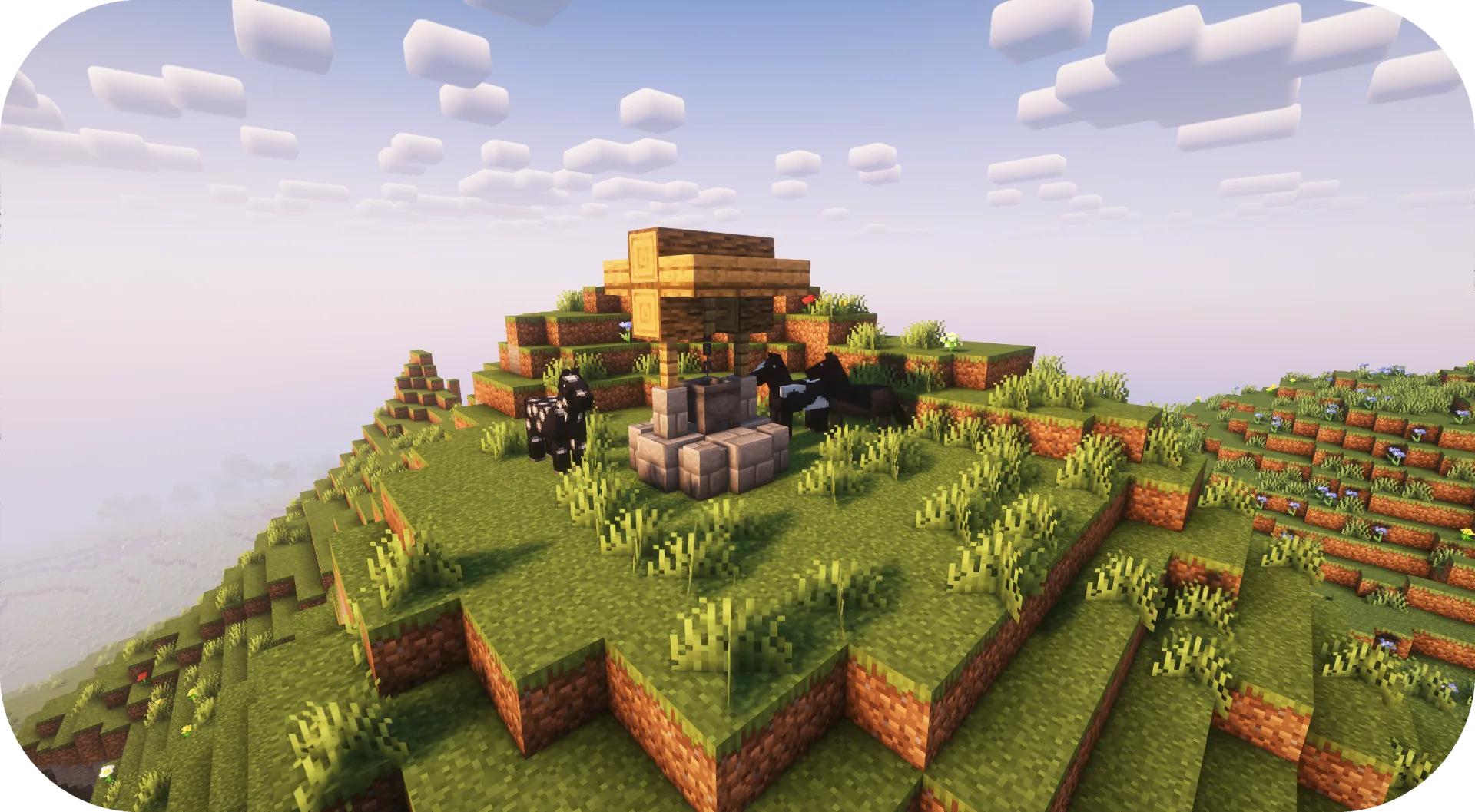 Старый колодец и лошади в Minecraft.