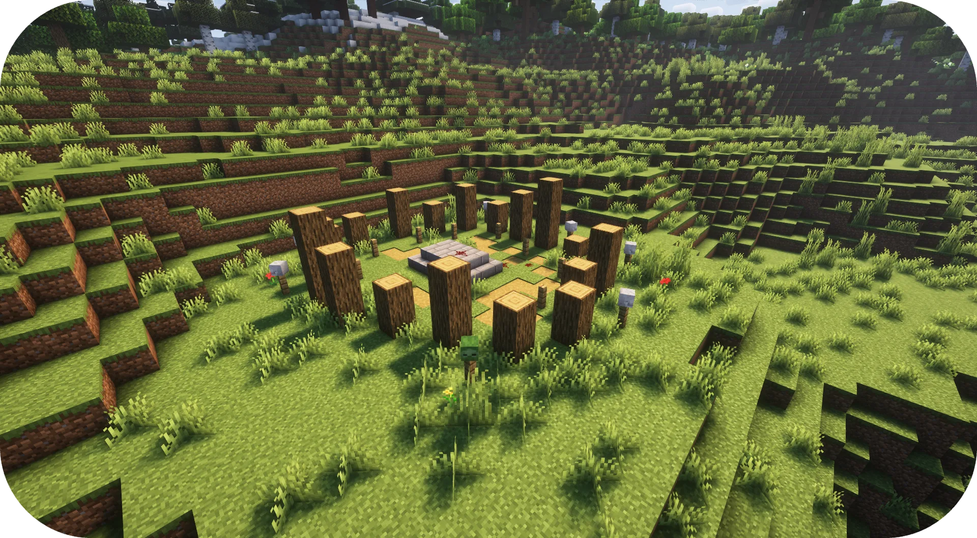 Деревянный алтарь с подношениями в стиле племенного поселения в Minecraft.