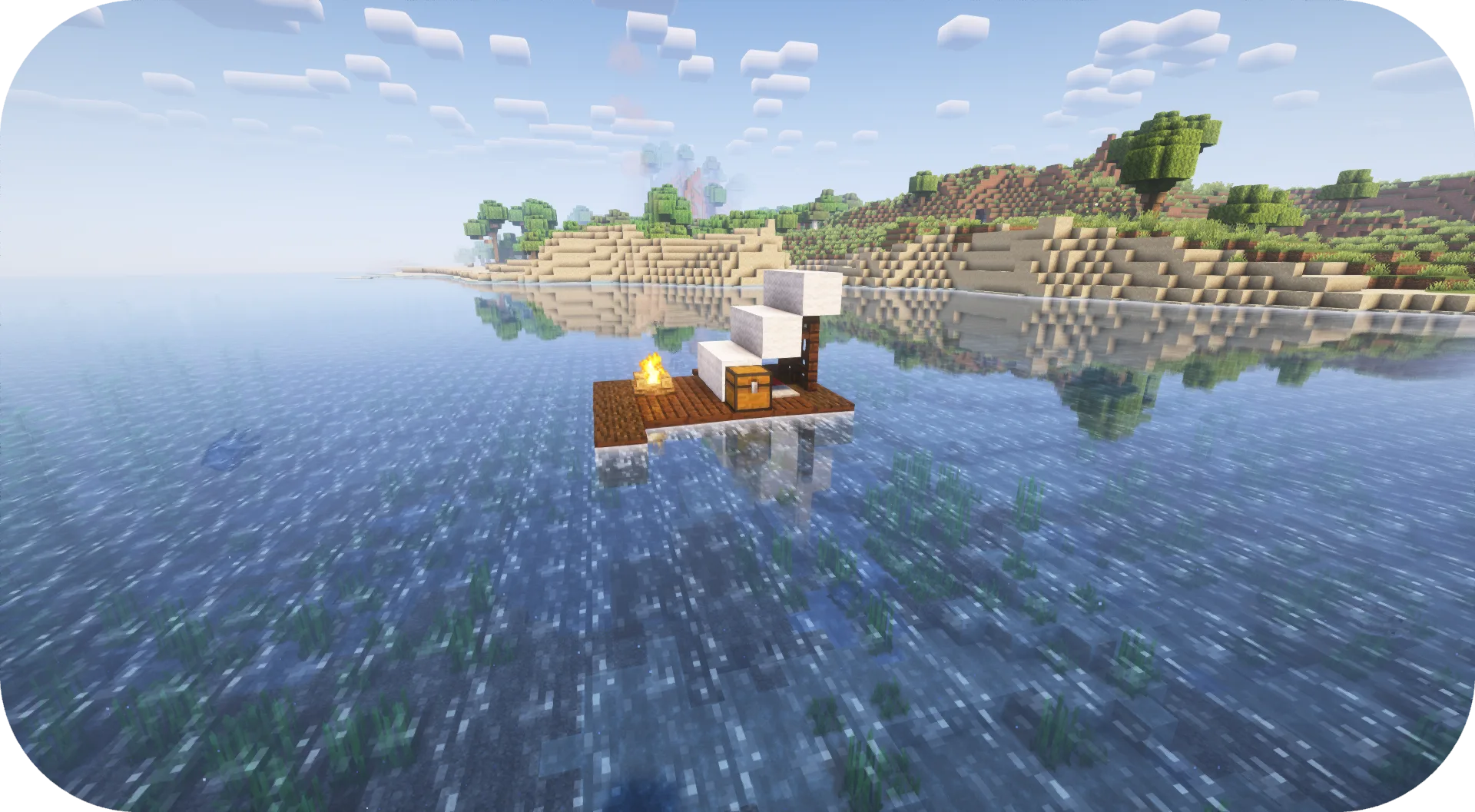 Заброшенный плот на песчаном берегу в Minecraft.