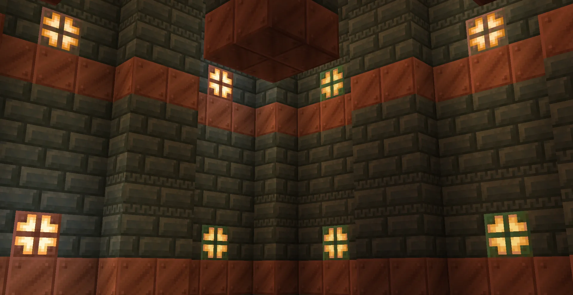 Медные лампы из ресурс-пака Poly's Luminos Blocks.