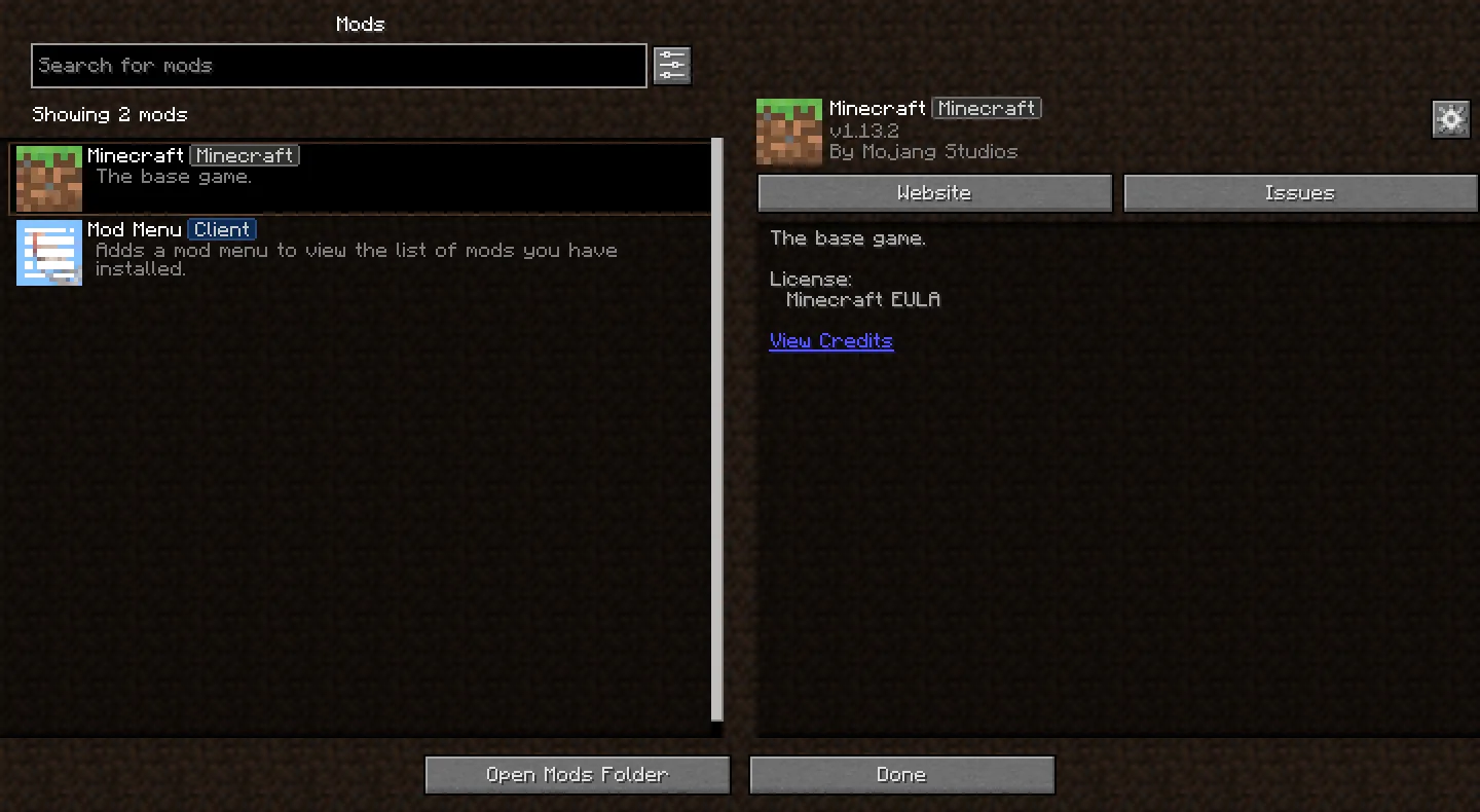 Интерфейс мода Mod Menu для Ornithe.
