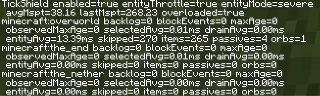 Окно чата в Minecraft с выводом команды /tickshield status для мода TickShield.