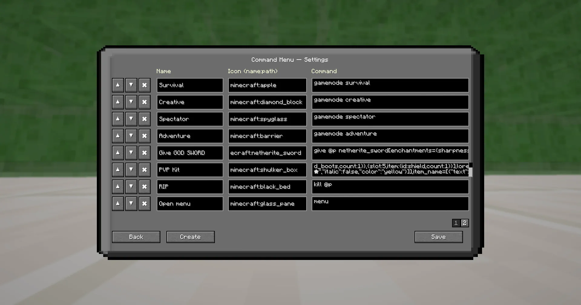 Меню настроек мода Command Menu с редактором команд