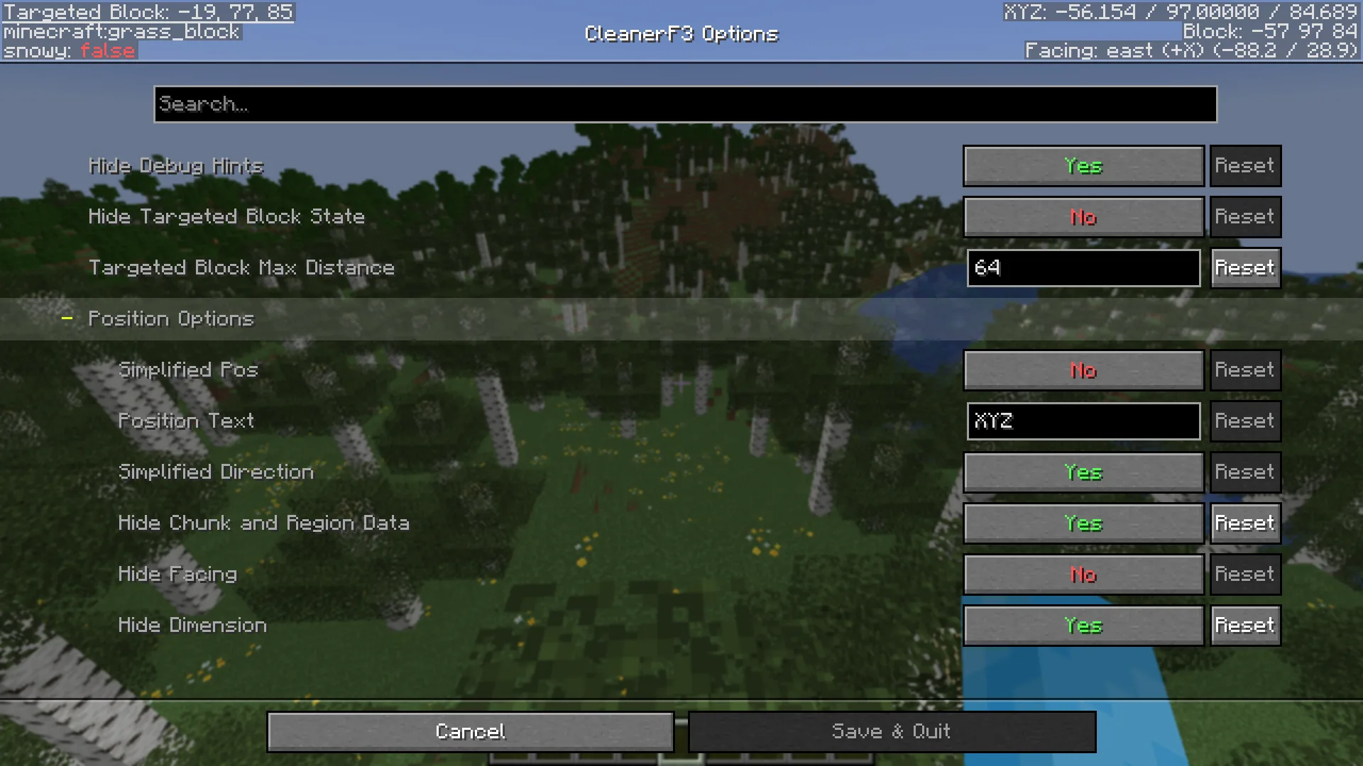Меню настроек мода CleanerF3 версии 1.3