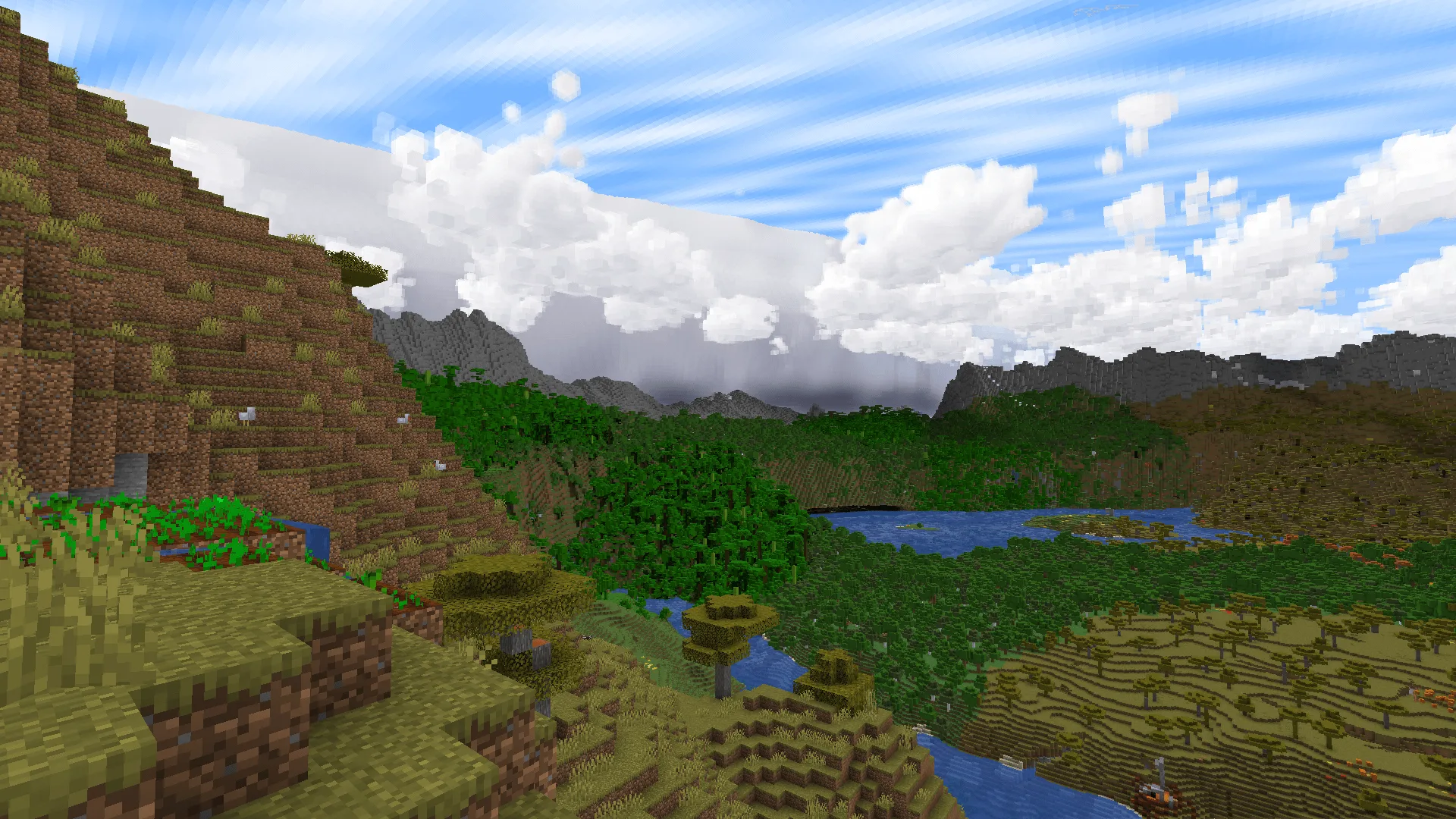 Кучево-дождевое облако в Minecraft с использованием модификации Distant Horizons.