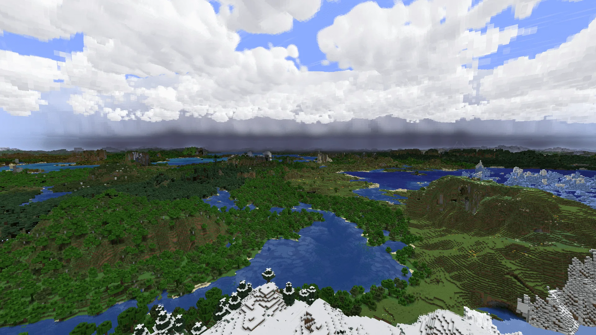 Скриншот с модами Simple Clouds и Distant Horizons, отображающий облака в Minecraft.
