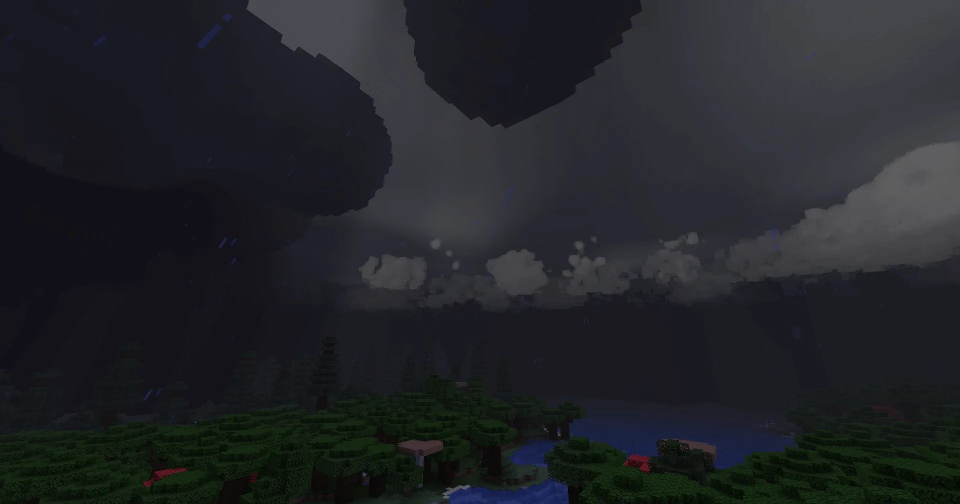 Вид снизу на грозовые облака в Minecraft.
