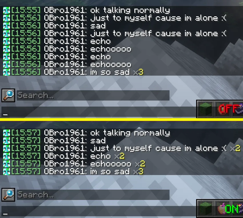 Сравнение чата до и после включения функции группировки дубликатов в Chat Patches.