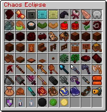Демонстрация всех предметов из мода Chaos Eclipse версии 0.8.9 в графическом интерфейсе.