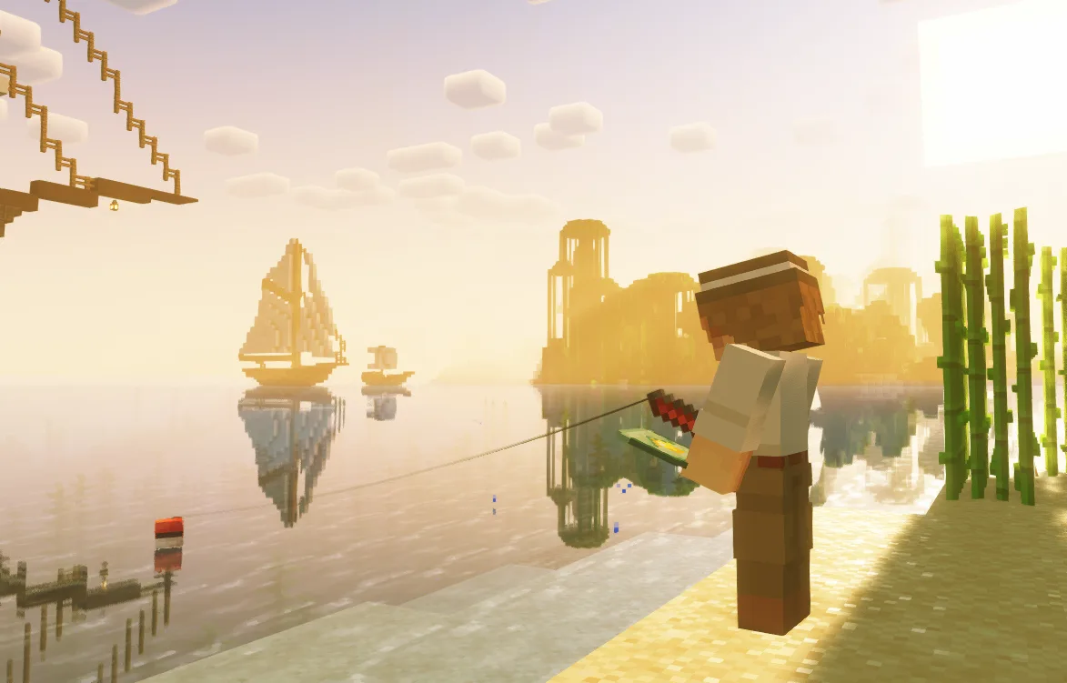 Персонаж рыбачит в Minecraft с модом Cobblemon.