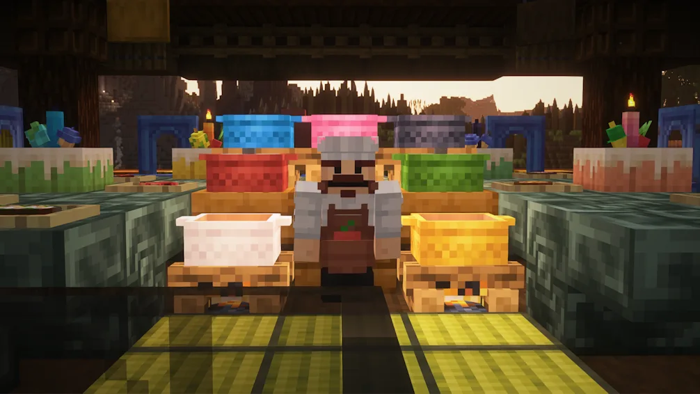 Персонаж готовит еду в моде Cobblemon.