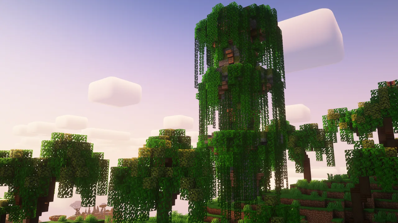 Каменная башня в стиле Cobblemon, окруженная пышной растительностью.