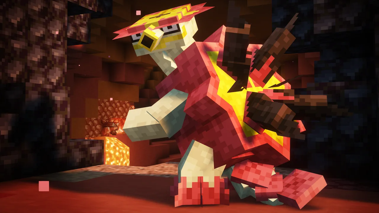 Покемон Туртонатор в стиле Minecraft из мода Cobblemon.