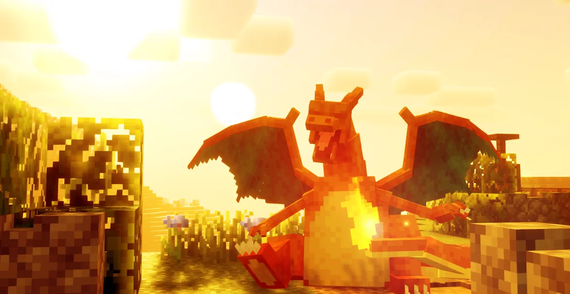 3D-модель покемона Чаризарда в стиле Minecraft.