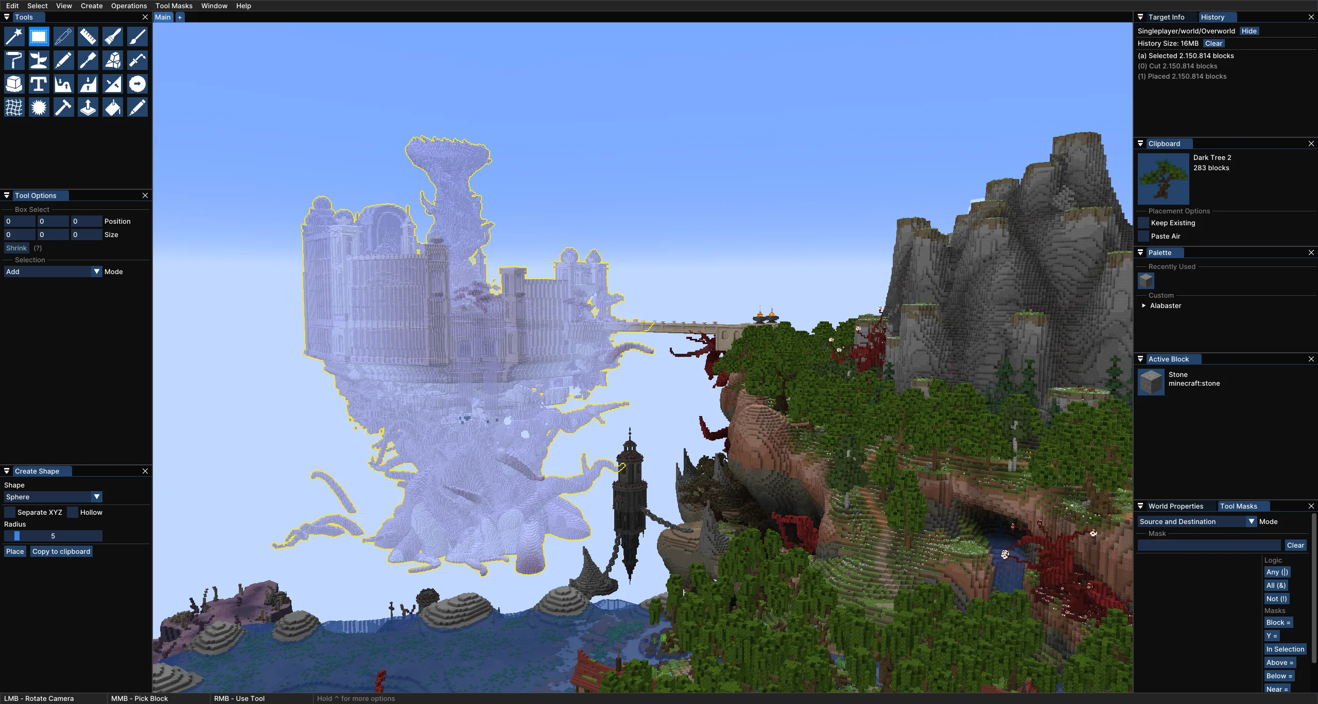 Интерфейс режима редактора Axiom с инструментами для строительства в Minecraft.