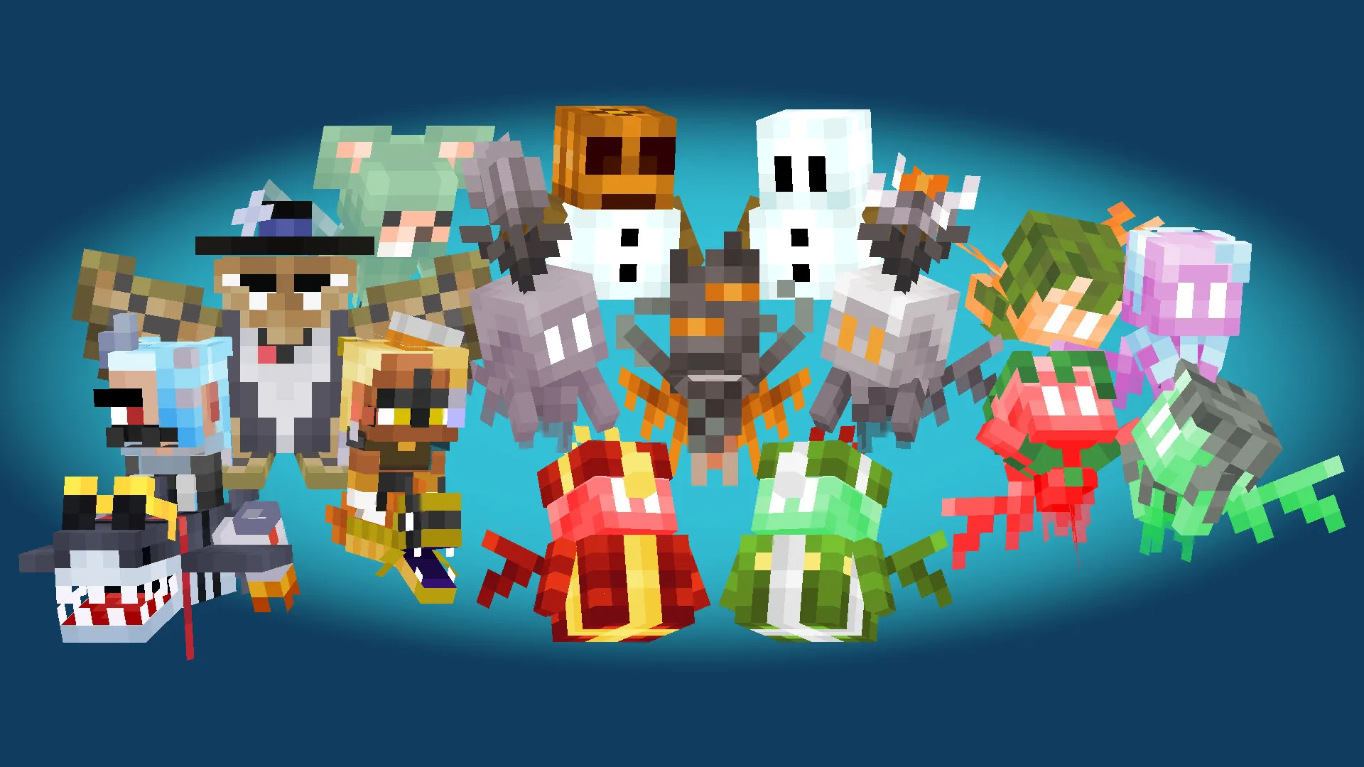 Множество вариантов существа Эллей из мода Assorted Allays в морозных и мшистых биомах.