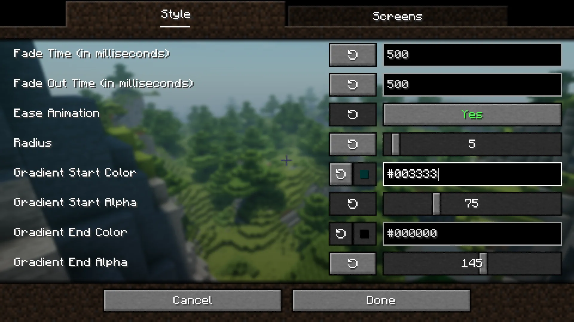 Настройки конфигурации мода Blur+ с множеством ползунков и опций.