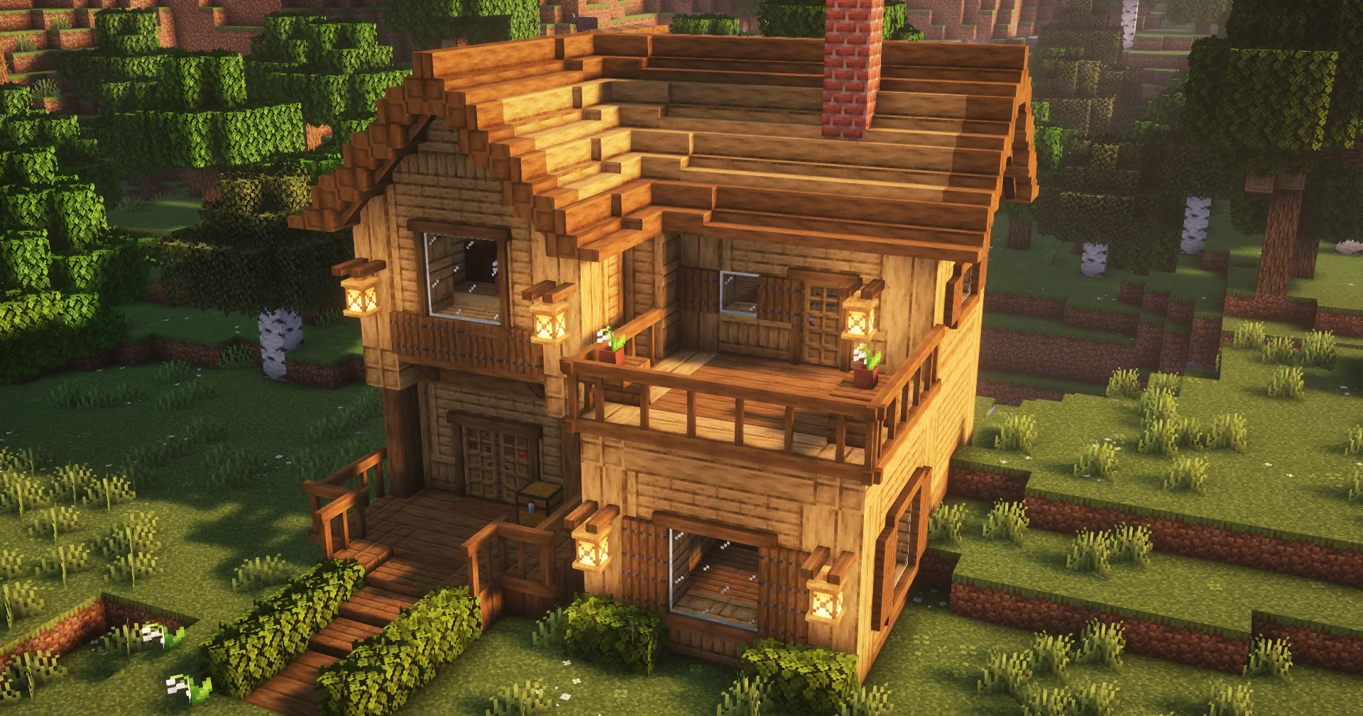 Деревянный коттедж с балконом на поляне, демонстрирующий различные виды блоков из мода Building But Better.