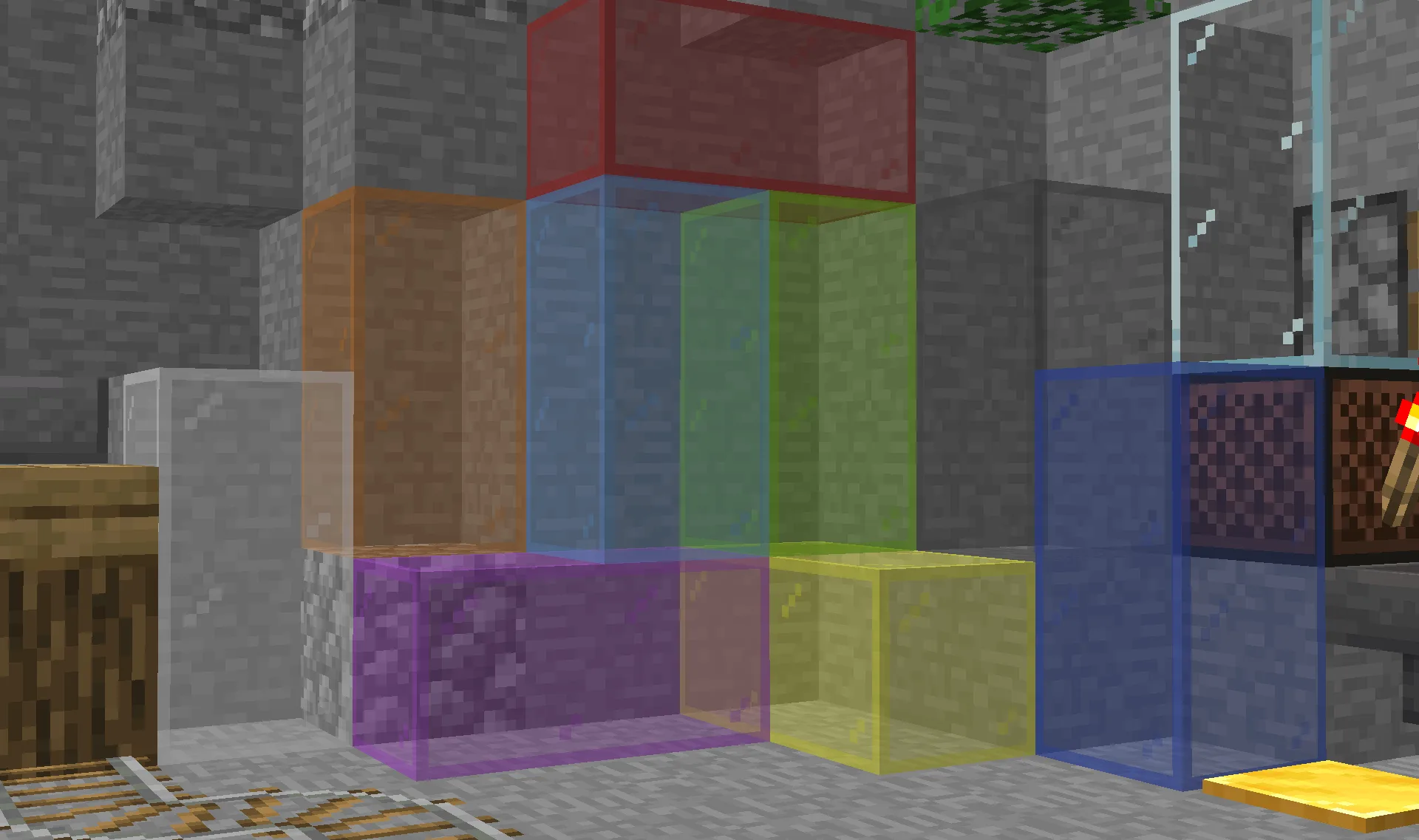 Скриншот ресурс-пака MacEduFault V2 с использованием функции соединенных текстур для стекла.