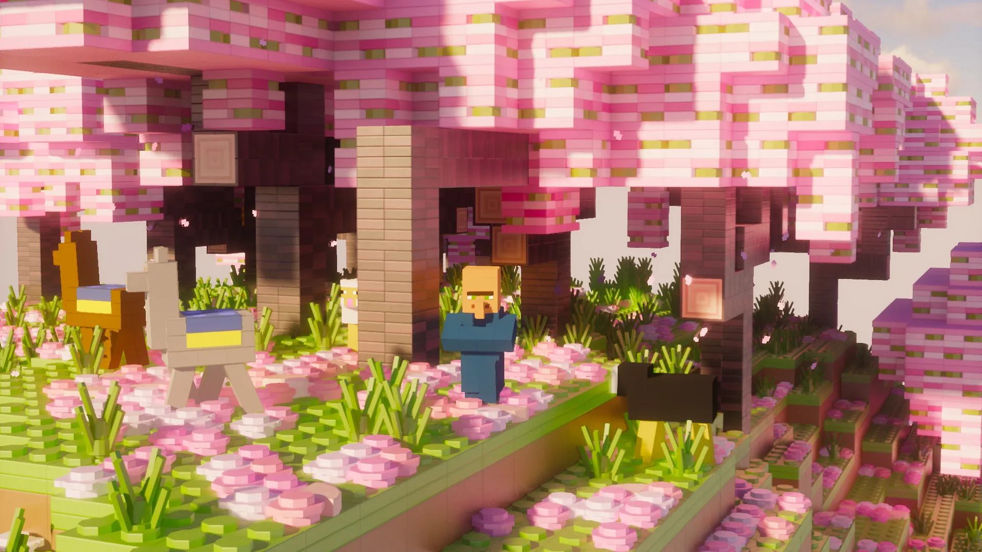 Деревня с торговцем и ламами в лесу цветущей сакуры в Minecraft.