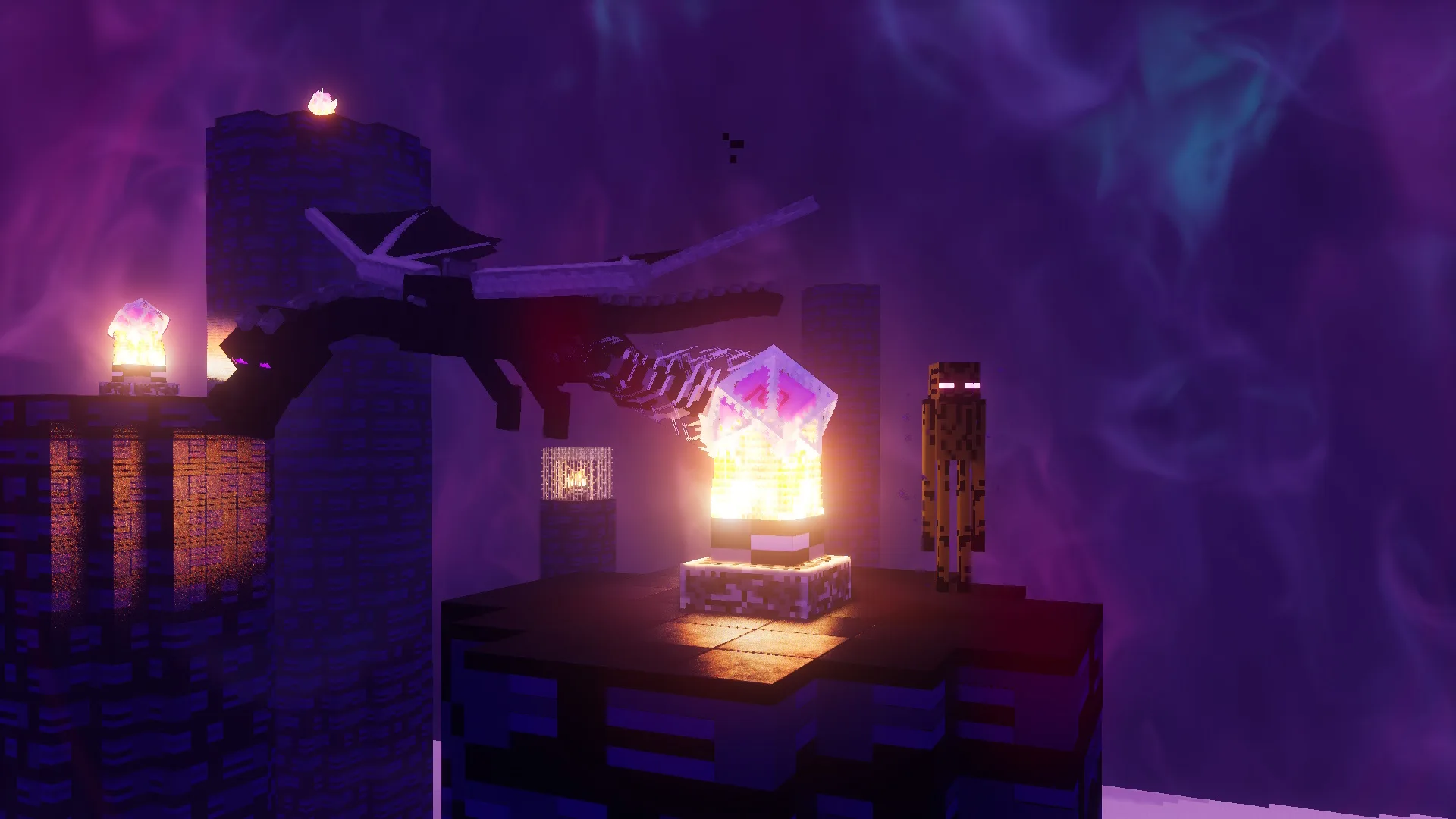 Скриншот измерения Энда в стиле Lego в проекте Brickcraft с детализированными растениями хоруса.