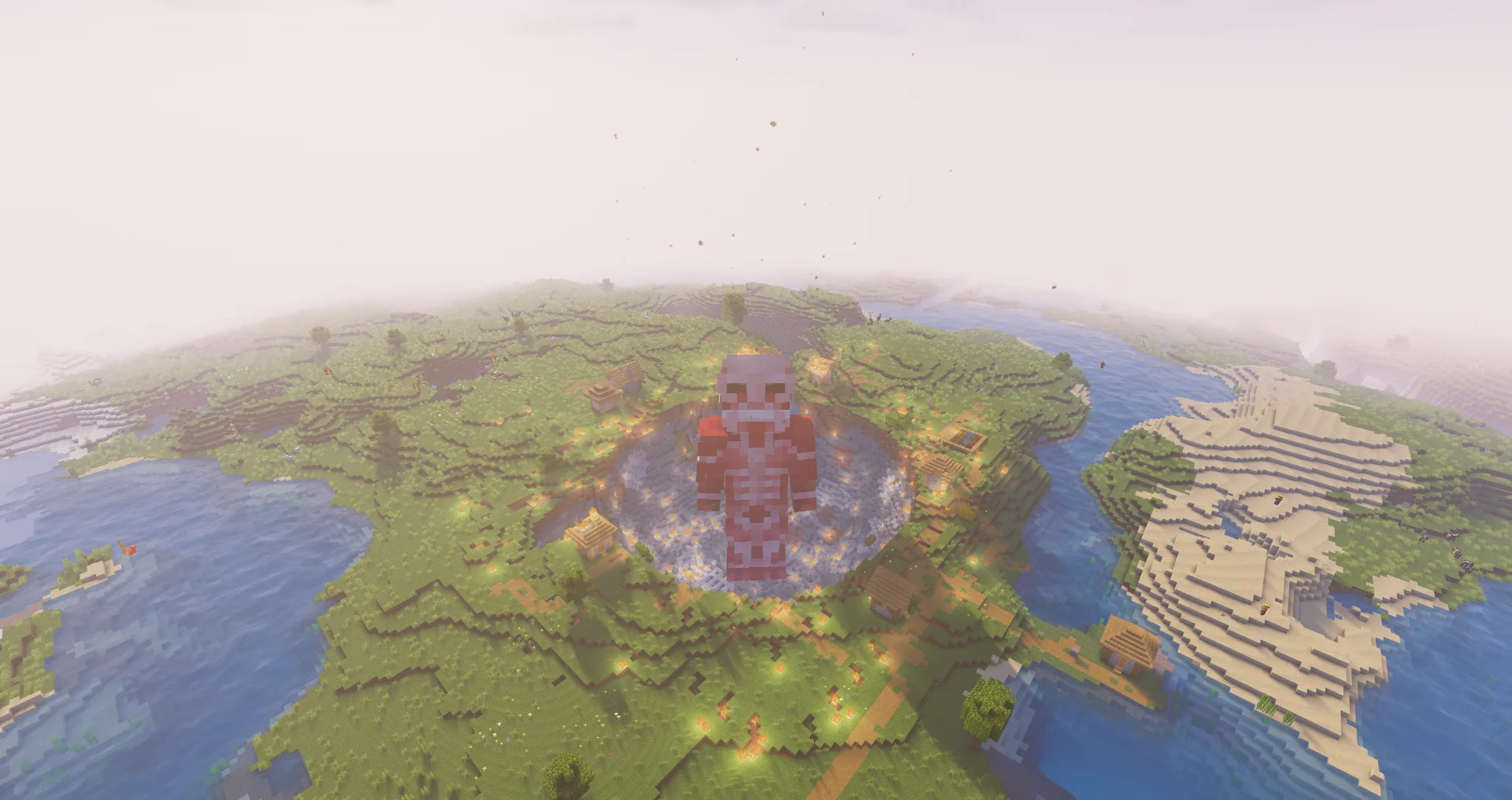 Мод Titan Shifter Megapack: Колоссальный титан разрушает деревню в Minecraft.