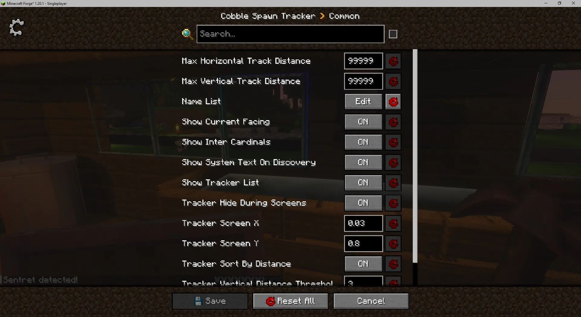 Меню настройки списка имен в моде Cobble Spawn Tracker